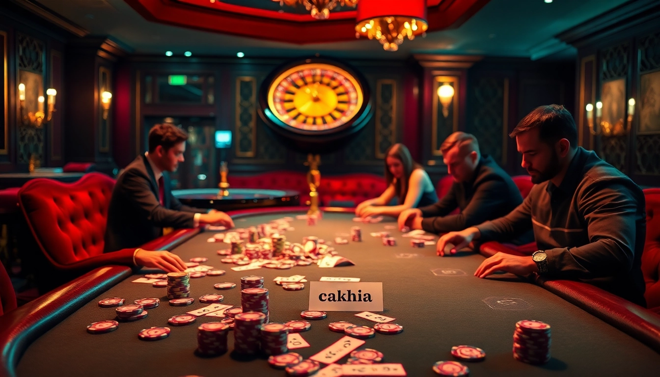 Cakhia delivers thrilling poker action with vibrant chips and intense players in a lavish casino setting.