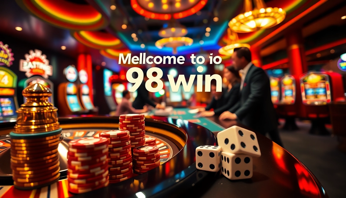 Experience the excitement at 98win with vibrant casino action featuring poker chips and roulette.