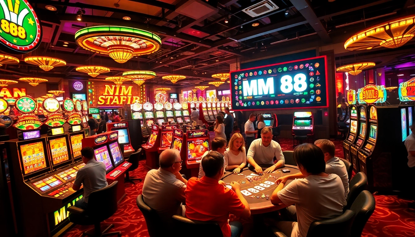 Players enjoying the immersive experience at MM 88 casino, surrounded by vibrant slot machines and a spinning roulette.