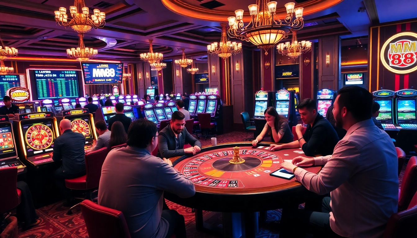Excited casino patrons enjoying gaming at MM 88, featuring roulette and poker tables in an upscale setting.