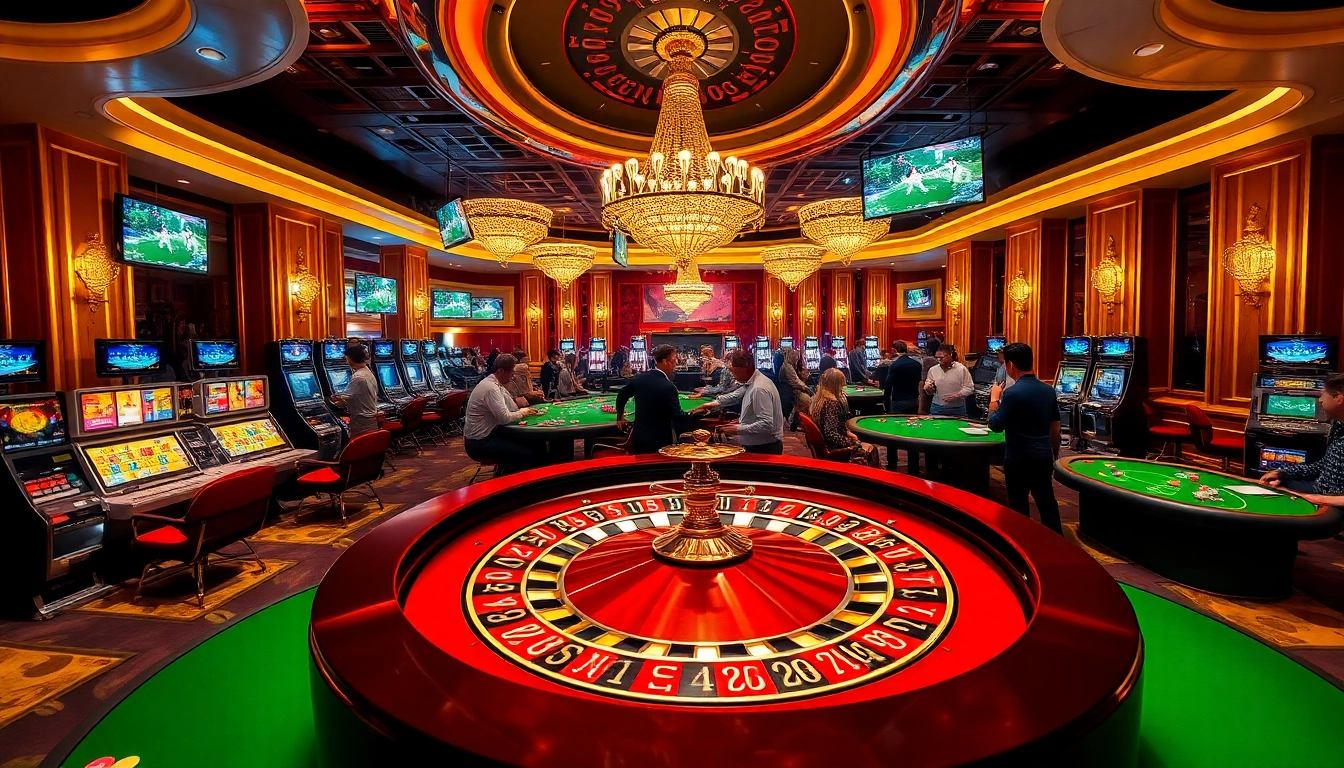 Players engage in an exciting gambling experience at the 98win9 casino, featuring roulette and vibrant slot machines.