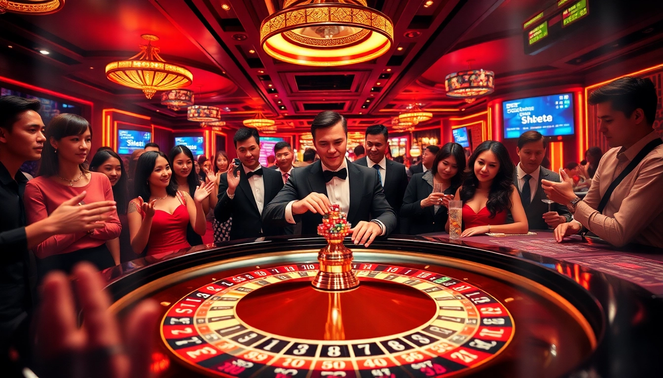 SHBET casino ambiance showcasing a vibrant roulette table with players, capturing the thrill of gambling.
