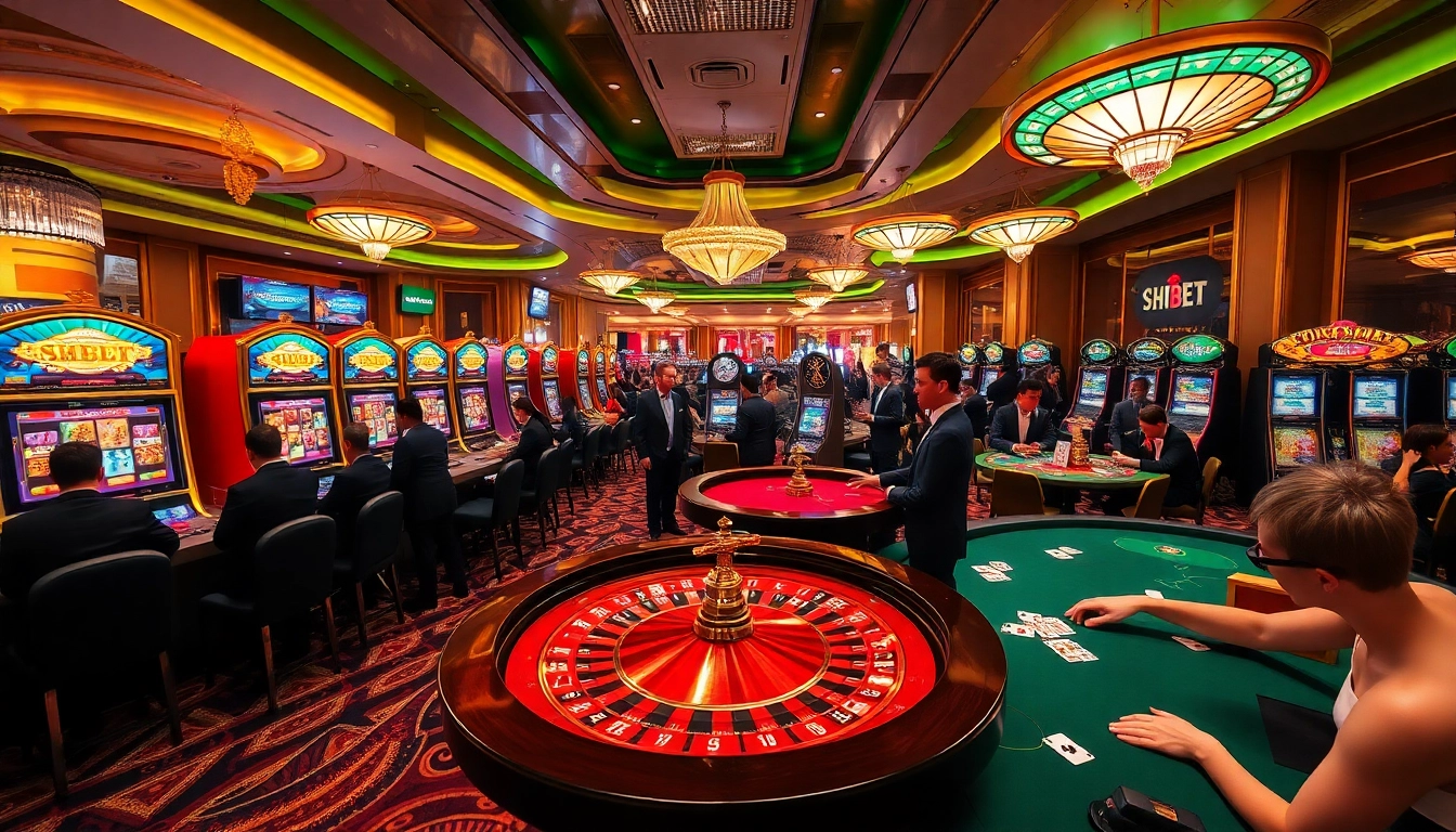 SHBET casino gaming scene with poker tables and vibrant slot machines.