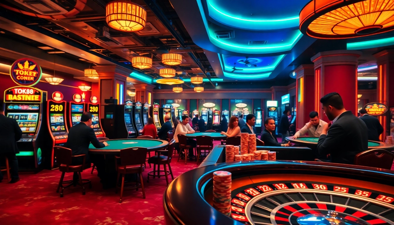 Experience the thrill of the tk88 app while playing poker at a vibrant casino, featuring engaging players and luxurious settings.