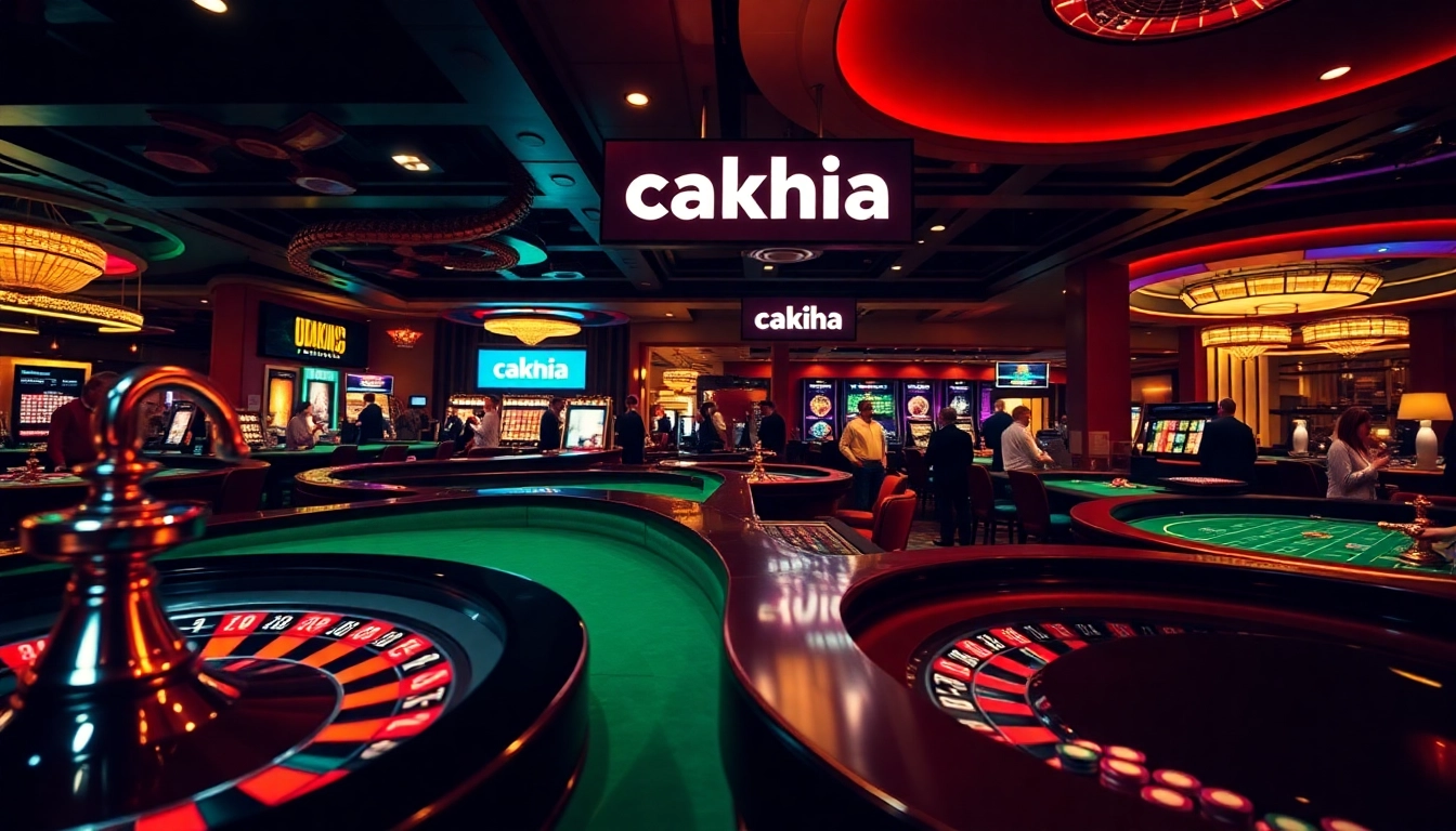 Cakhia gaming experience featuring vibrant roulette and poker tables filled with chips, capturing the thrill of casino gameplay.