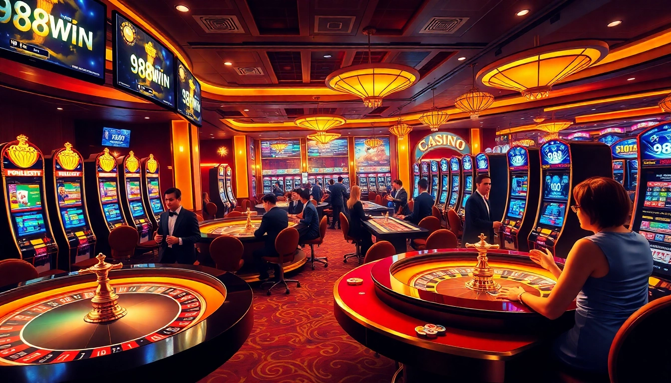 Experience the thrilling atmosphere of 98win.com with vibrant casino games, glowing roulette wheels, and excited players.