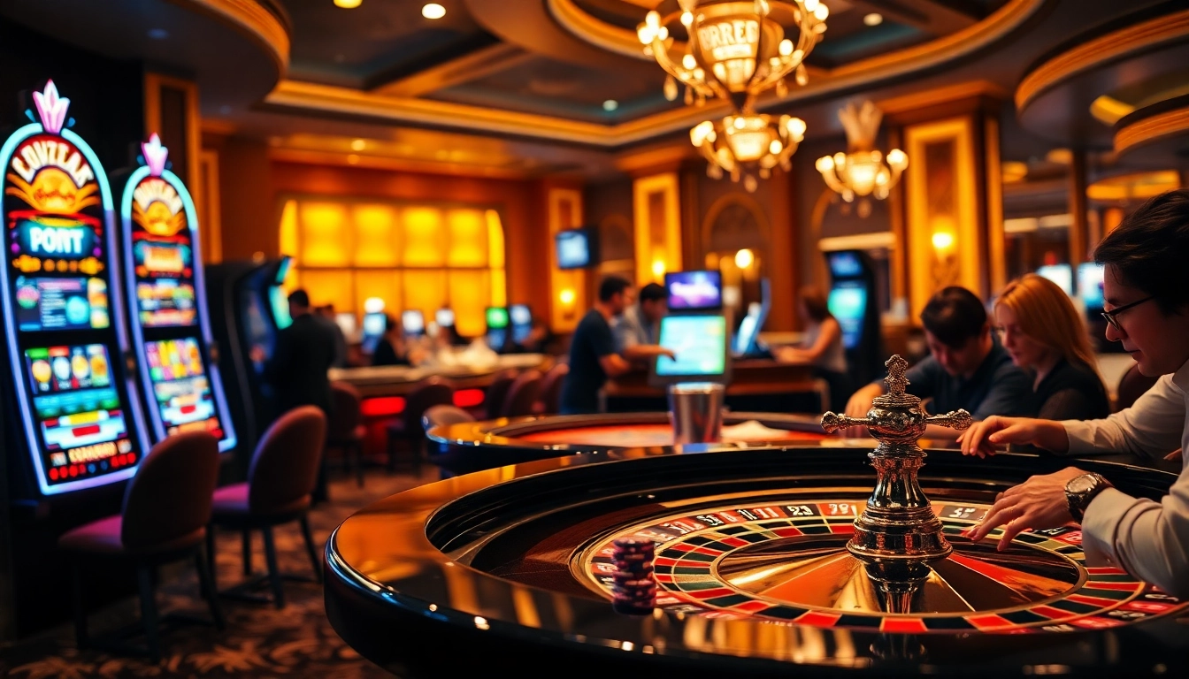 Exciting casino scene showing players at roulette with "RREE Login" on a gaming console, vibrant atmosphere.