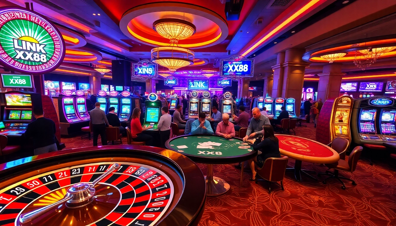 Experience LINK XX88 excitement in a bustling casino with roulette, poker tables, and bright slot machines.